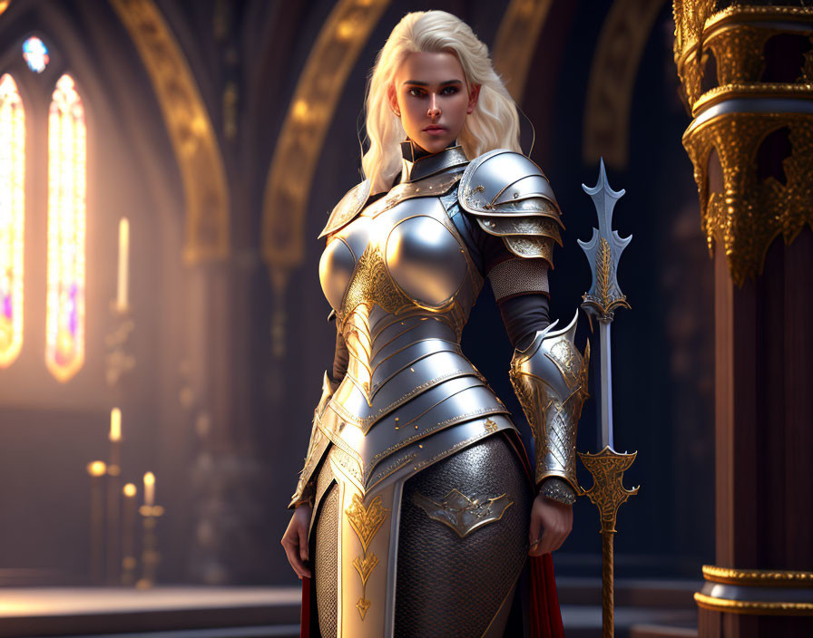 Female knight in silver and gold armor with mace in cathedral setting