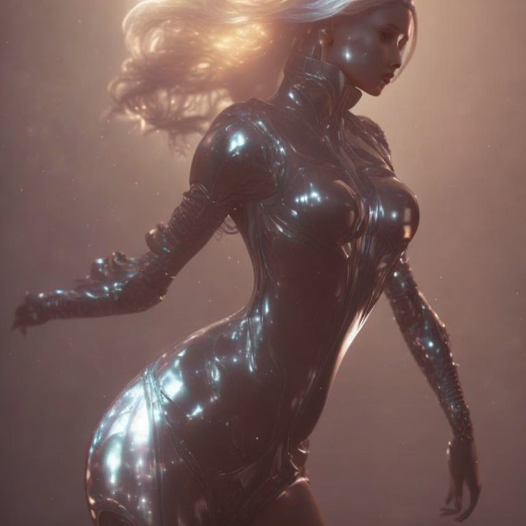 Futuristic metallic female figure with glowing accents and flowing hair