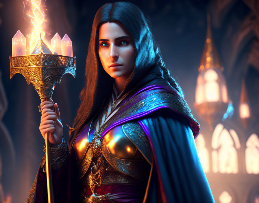 Digital artwork of woman with blue eyes holding lit torch in medieval fantasy attire.