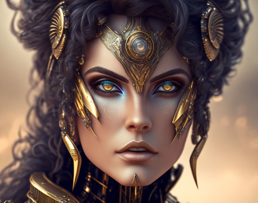 Detailed digital portrait of woman in golden armor and headdress on soft brown background