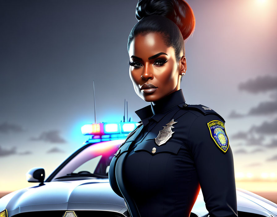 Digital illustration: Confident policewoman at dusk with stylized look