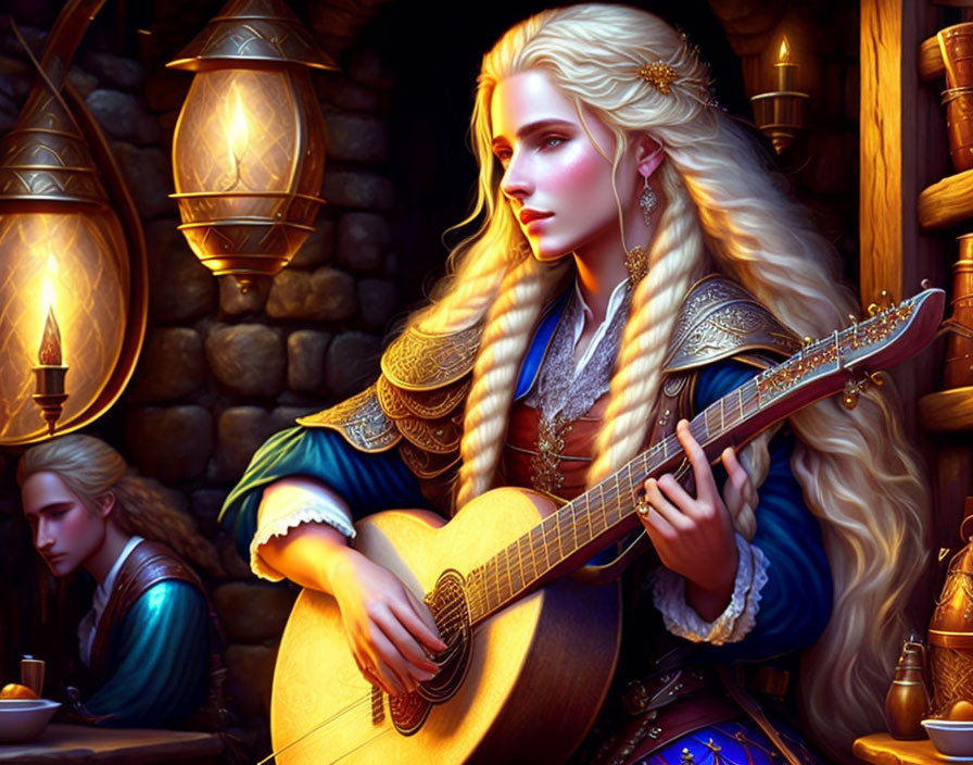 Fantasy illustration of elven woman playing lute with male elf in tavern