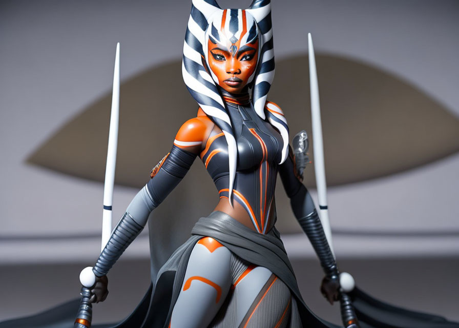 Detailed Female Character Figurine with White and Blue Face Markings, Dual Lightsabers, Orange