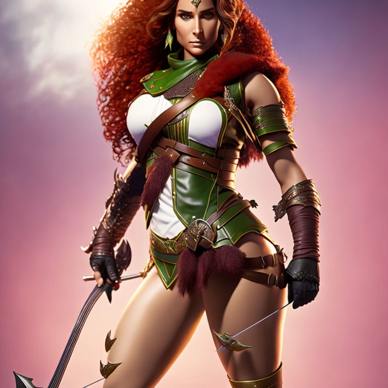 Voluminous red hair warrior in green outfit with bow and arrow