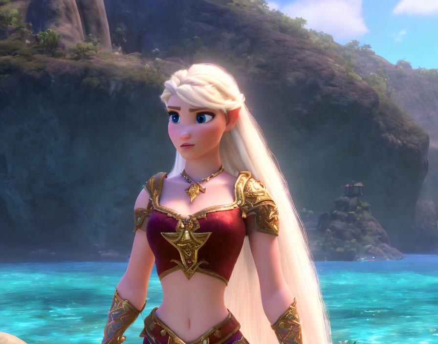 Platinum blonde female warrior in red and gold outfit by tropical waters