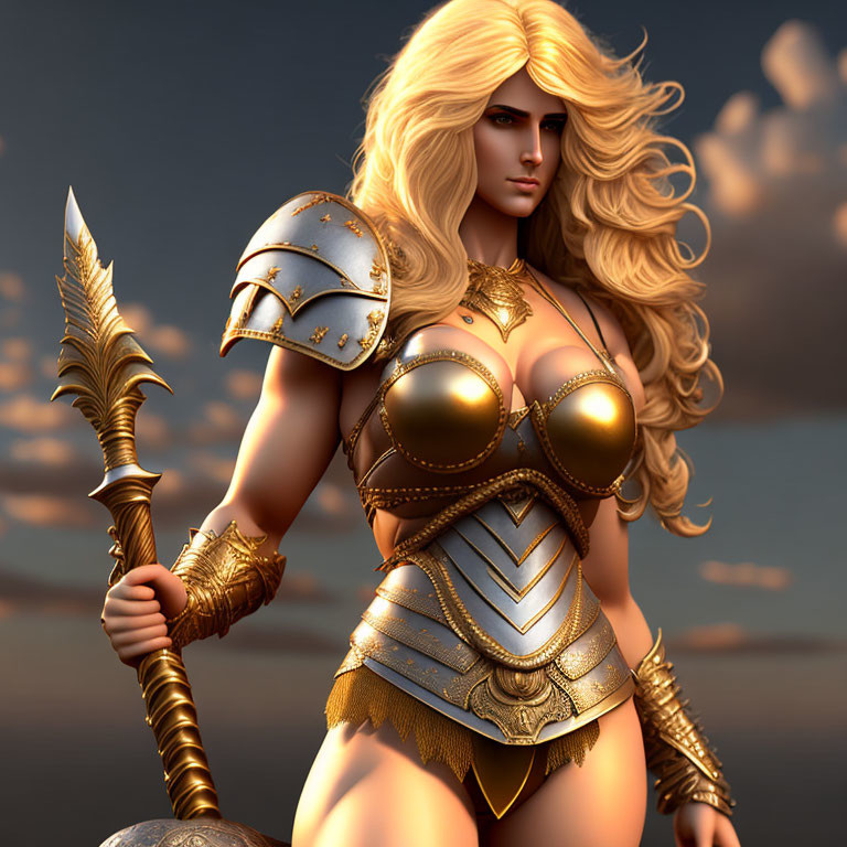 Female warrior in golden armor with spear under dramatic sky