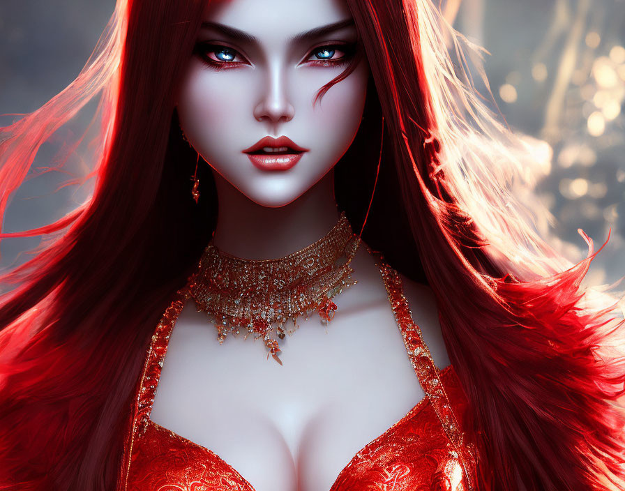 Fantasy image of woman with red hair and gold jewelry