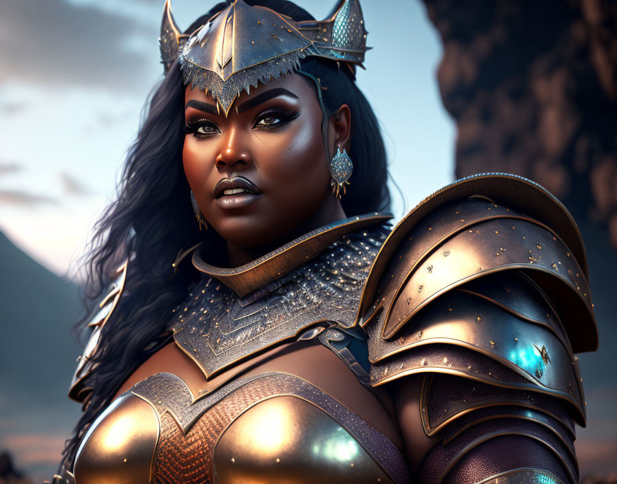 Dark-skinned warrior in intricate golden armor and helmet exudes strength.