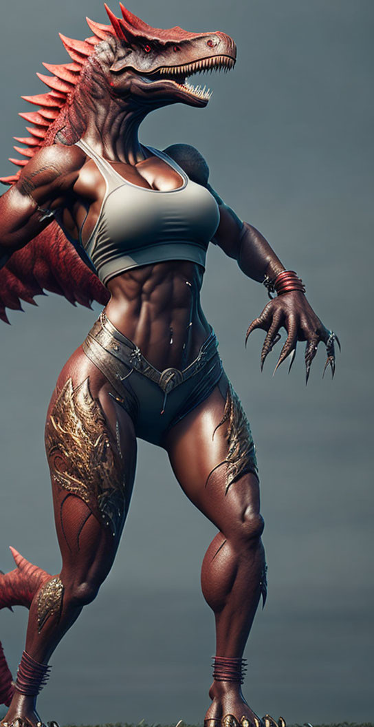 Anthropomorphic female dragon character in sports bra and ornate leggings