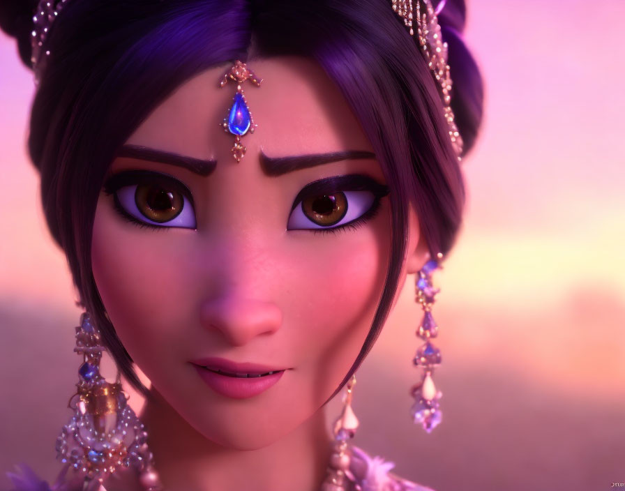 Animated Female Character in Purple Attire with Gold Jewelry and Blue Gem Headpiece on Pinkish-Purple