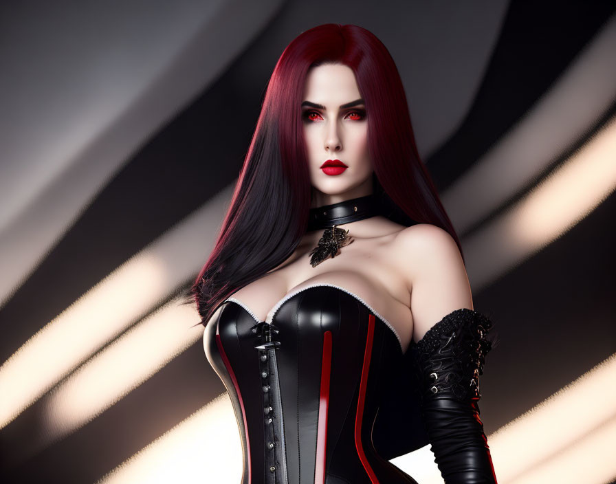 Red-haired woman in black corset and choker with light streaks.