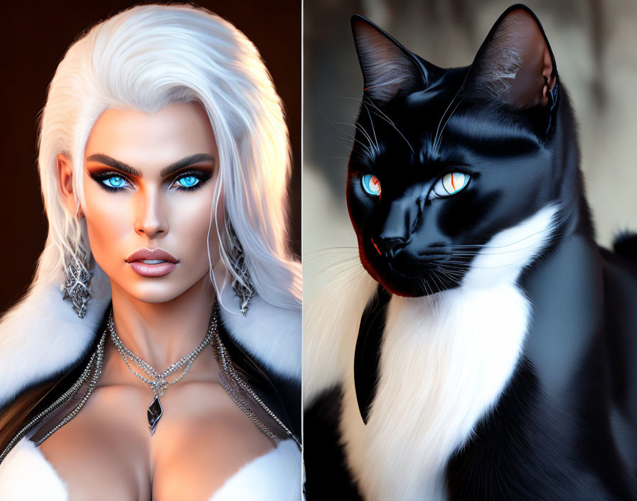 Split Image: White-Haired Woman & Blue-Eyed Cat