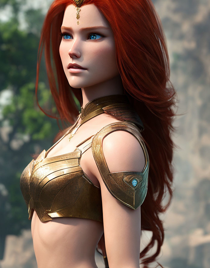 Digital Artwork: Female Character with Red Hair, Blue Eyes, Gold Armor Breastplate