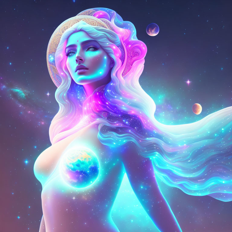 Vibrant digital artwork of cosmic woman with flowing hair and celestial bodies in starry space.