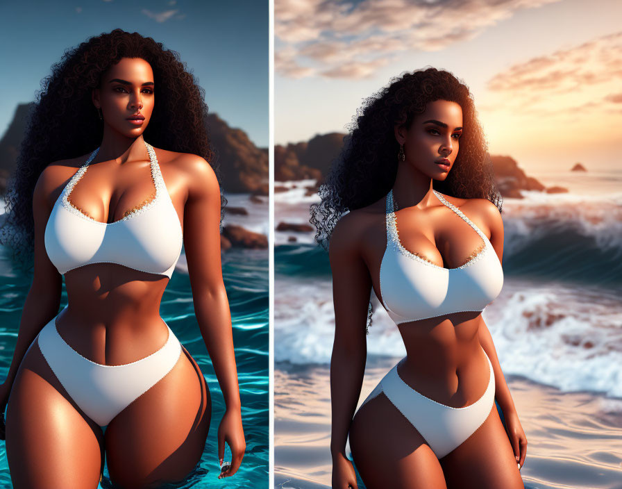 Digital Artwork: Woman with Dark Curly Hair in White Bikini by the Sea at Sunset