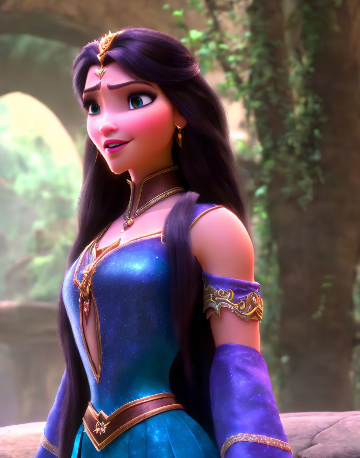 Long-haired animated character in blue and purple medieval dress in forest setting