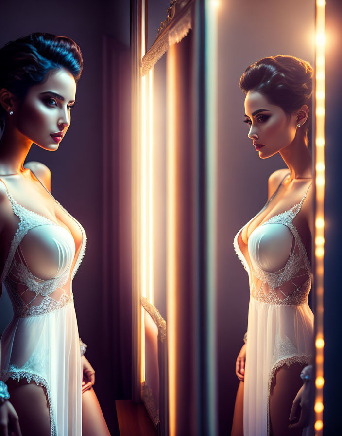 Woman in white lingerie admires reflection in warm lit room