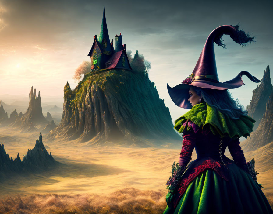 Purple-hatted witch gazes at distant castle on lush hill in mystical landscape