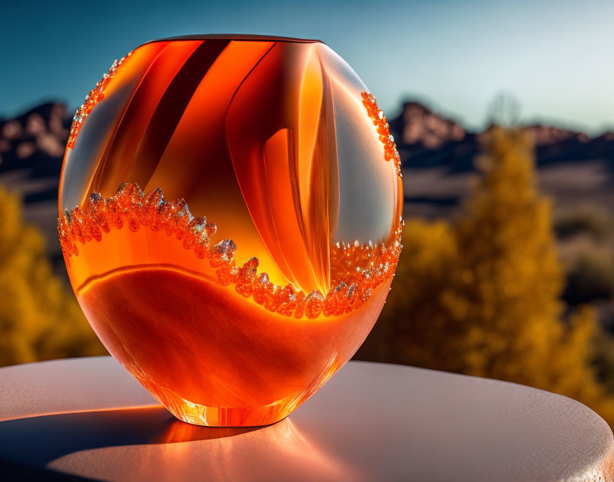 Orange Swirled Glass Vase on White Surface with Autumn Landscape