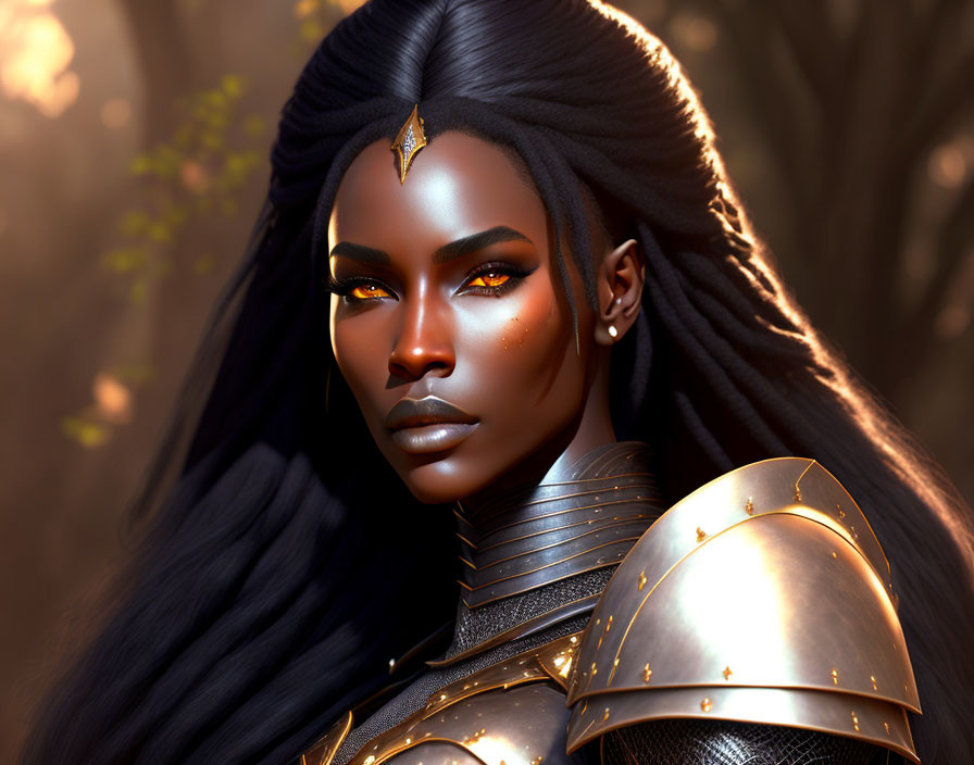 Dark-skinned female warrior in golden armor in front of autumn forest