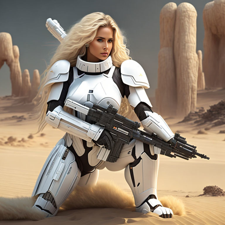 Blonde Woman in Futuristic White Armor with Large Gun in Desert Setting