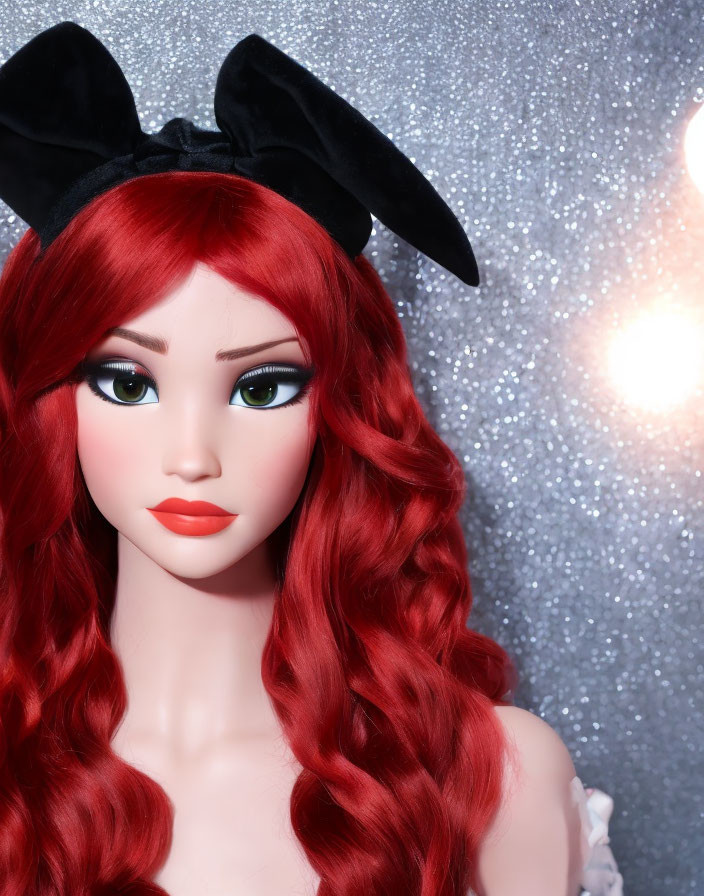 Mannequin with red hair and black bow on silver background