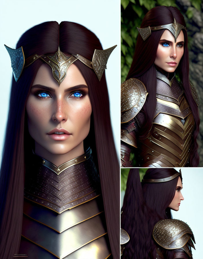 Female warrior digital artwork collage with blue eyes and golden armor