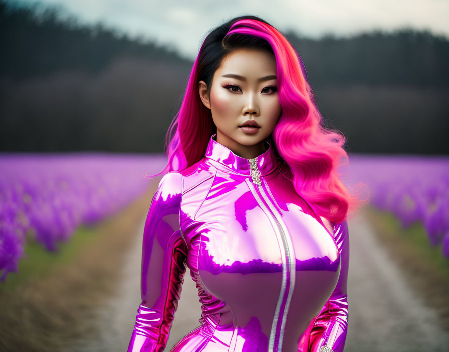 Vibrant pink-haired woman in latex suit in purple flower field with forest background