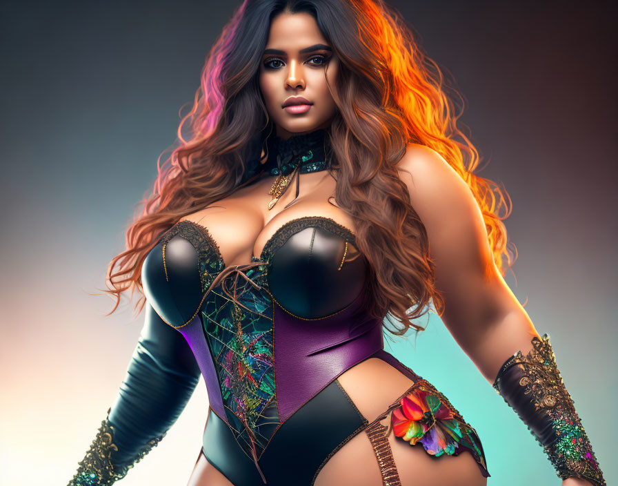 Voluminous Curly Hair Woman in Elaborate Corset Pose