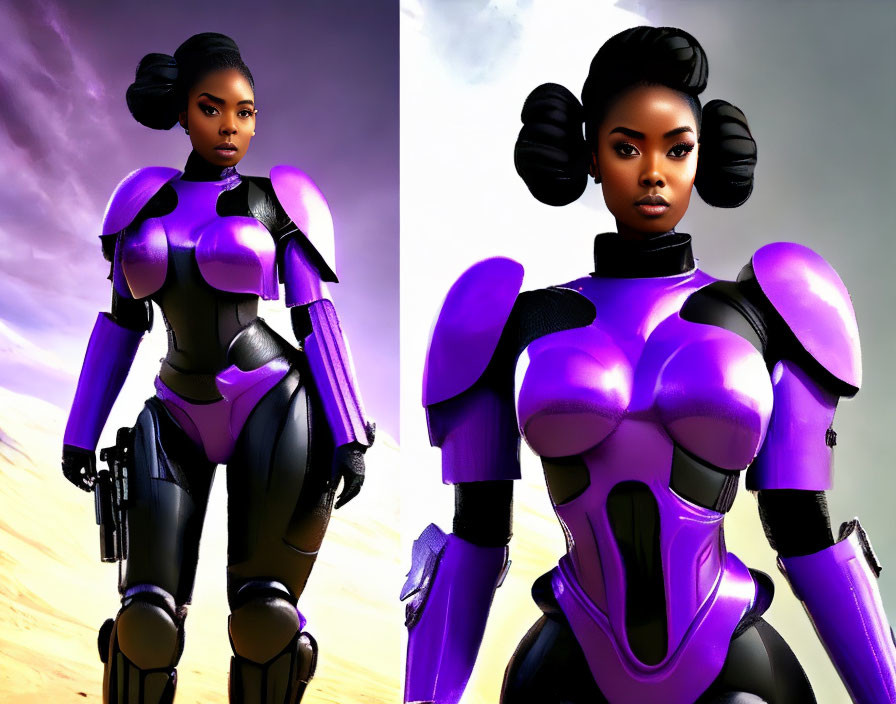 Futuristic woman in purple and black armor with hair buns on cloudy sky background