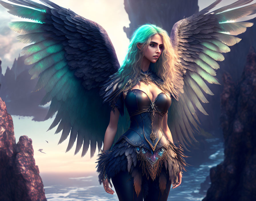 Fantastical Female Character with Teal Wings and Cyan Hair