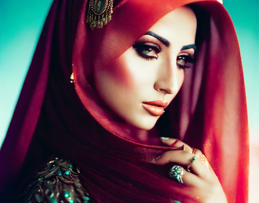 Woman with Striking Makeup in Vibrant Red Veil and Embellishments