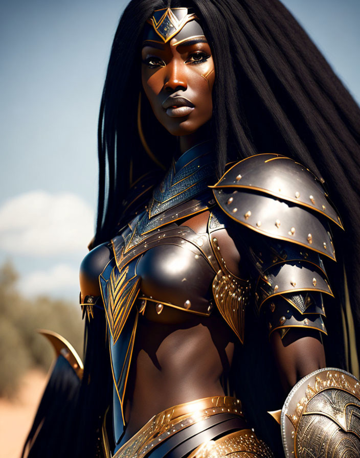 Dark-skinned warrior woman in golden and black armor gazes intently