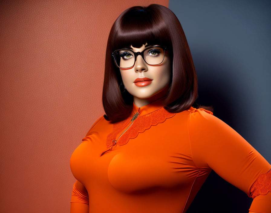 3D illustration of woman with bob-cut hair and glasses in orange top on red background