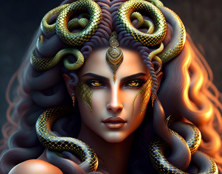 Fantasy portrait featuring woman with Medusa-like snake hair and golden scaled serpents.