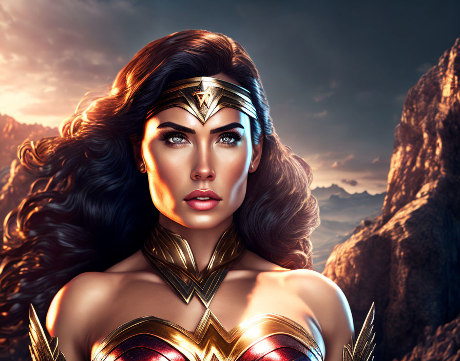 Digital artwork of fierce female superhero with gold tiara against dramatic mountain backdrop