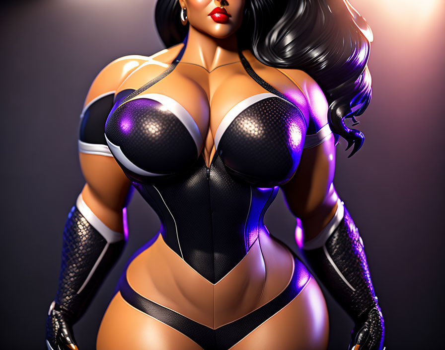 Stylized muscular female character in black and white superhero costume