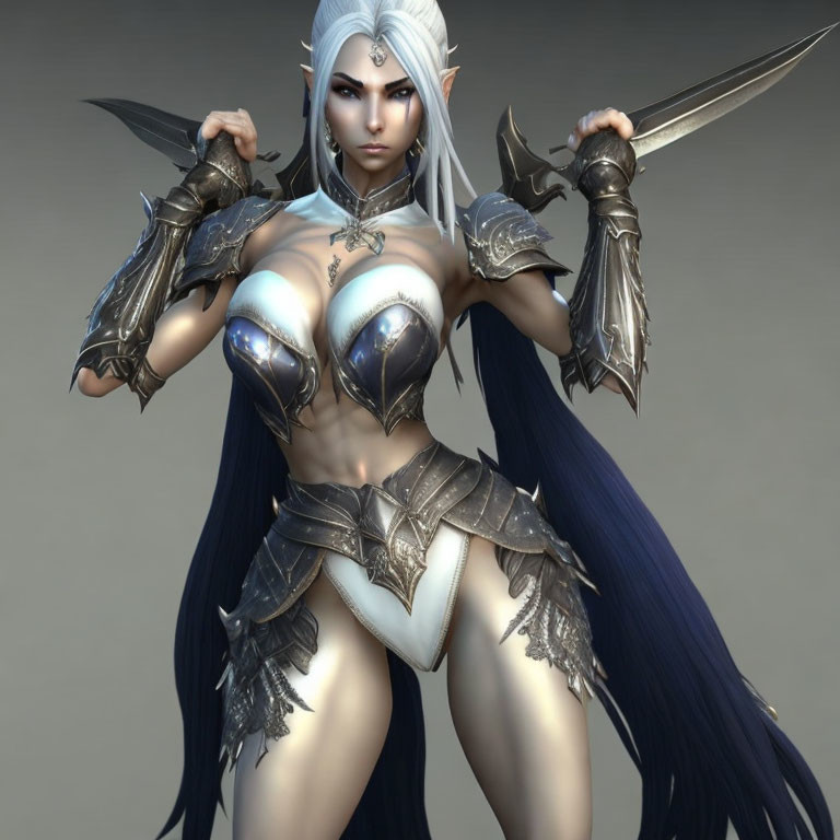 Fantasy elf warrior illustration with white hair and silver armor