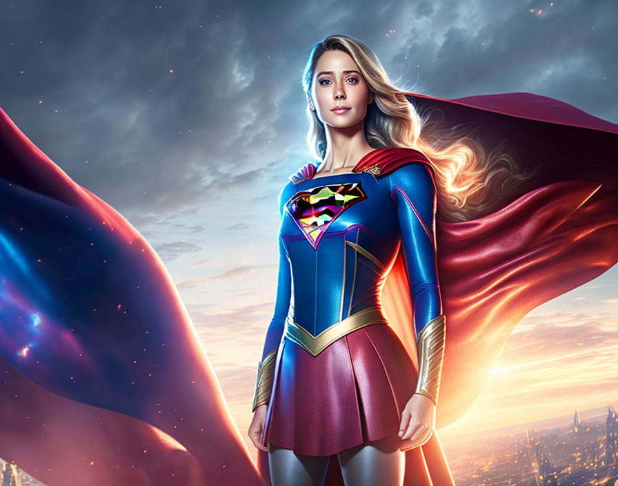 Woman in Supergirl Costume Stands with Red Cape against Dramatic Sky