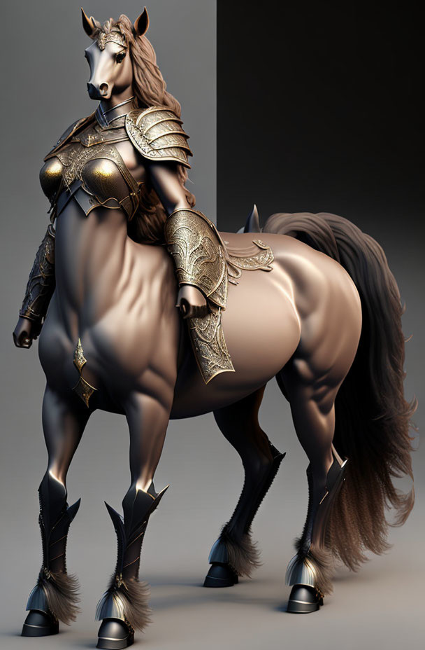 Centaur digital art: golden armor, human-horse fusion, gray backdrop