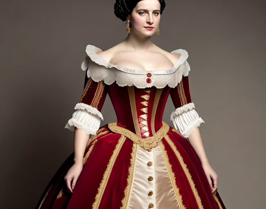 Elaborate historical red and gold dress with ruffled collars and cuffs.