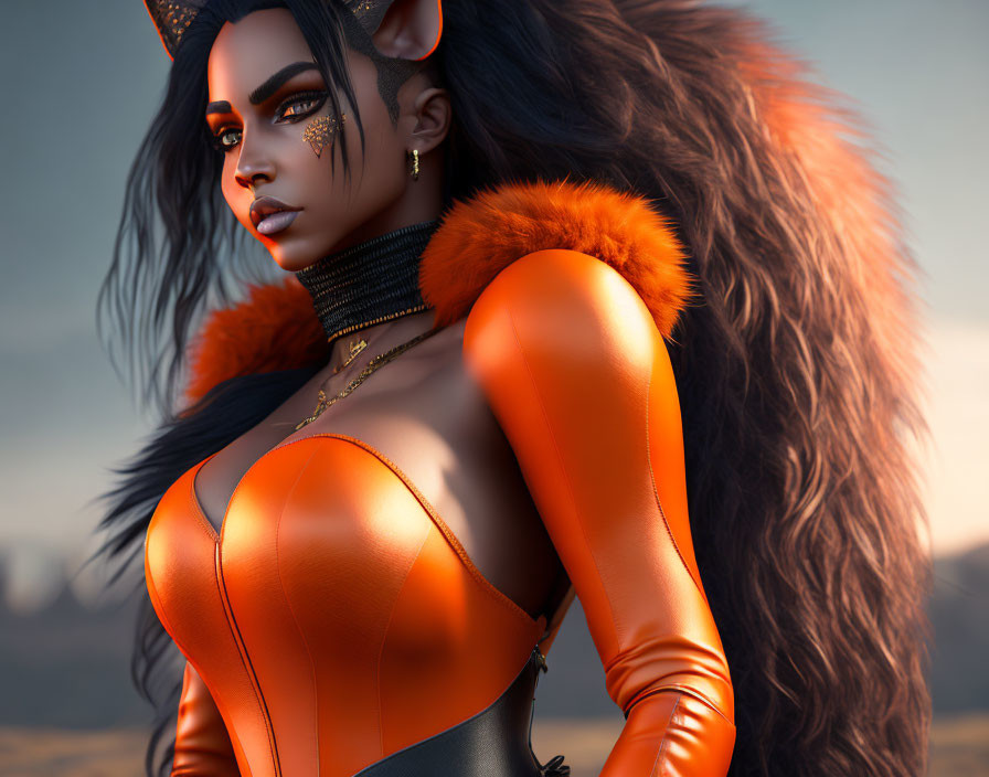 3D illustration of a woman with cat-like features in orange bodice