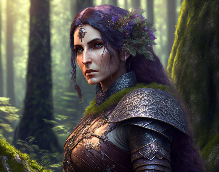 Female Elven Warrior Illustration in Mystical Forest with Floral Crown