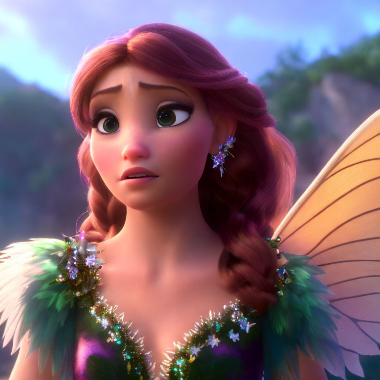 Character with expressive eyes, braid, wings, and leafy outfit in concern