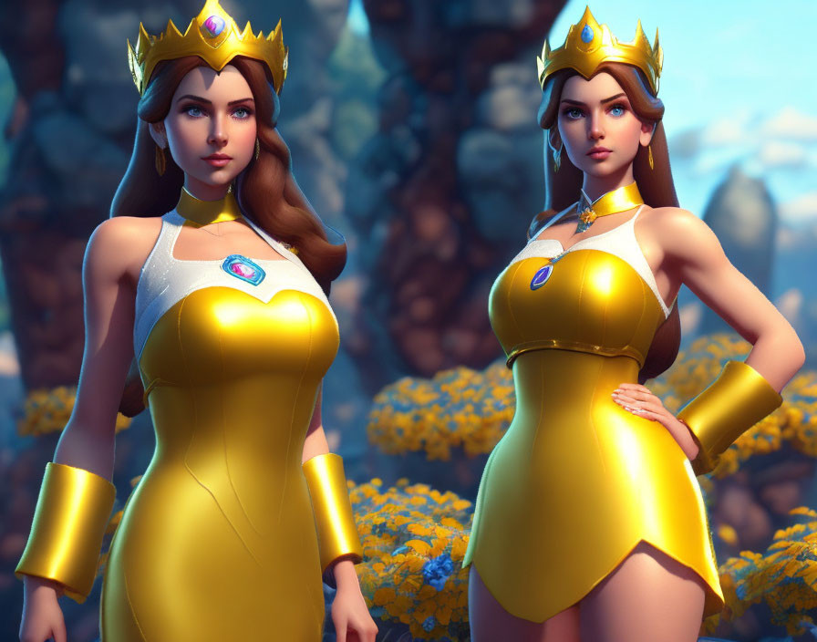 Animated princess characters in yellow dresses and crowns in flower-filled landscape