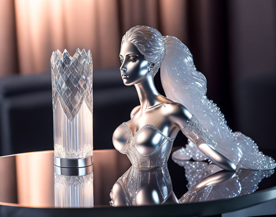 Metallic Female Figure with Detailed Hair and Crystal-like Structure