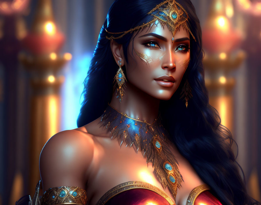 Digital art portrait: Woman with blue eyes, gold jewelry, and ornate body adornments by glowing