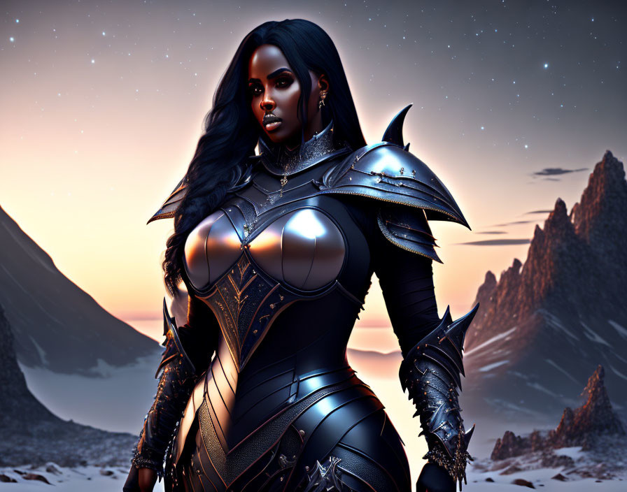 Digital artwork of dark-skinned female warrior in black armor against mountain backdrop.