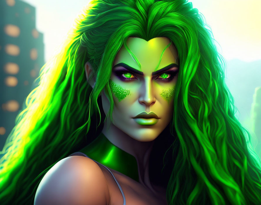 Digital artwork of a woman with green skin and hair against cityscape.