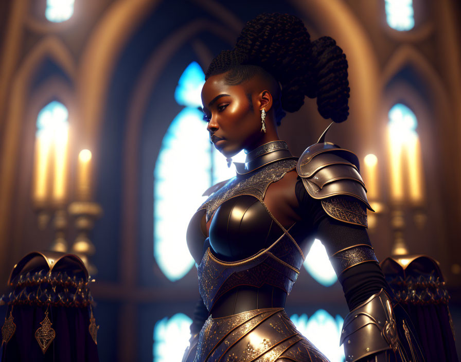 Regal woman in black armor in candlelit church